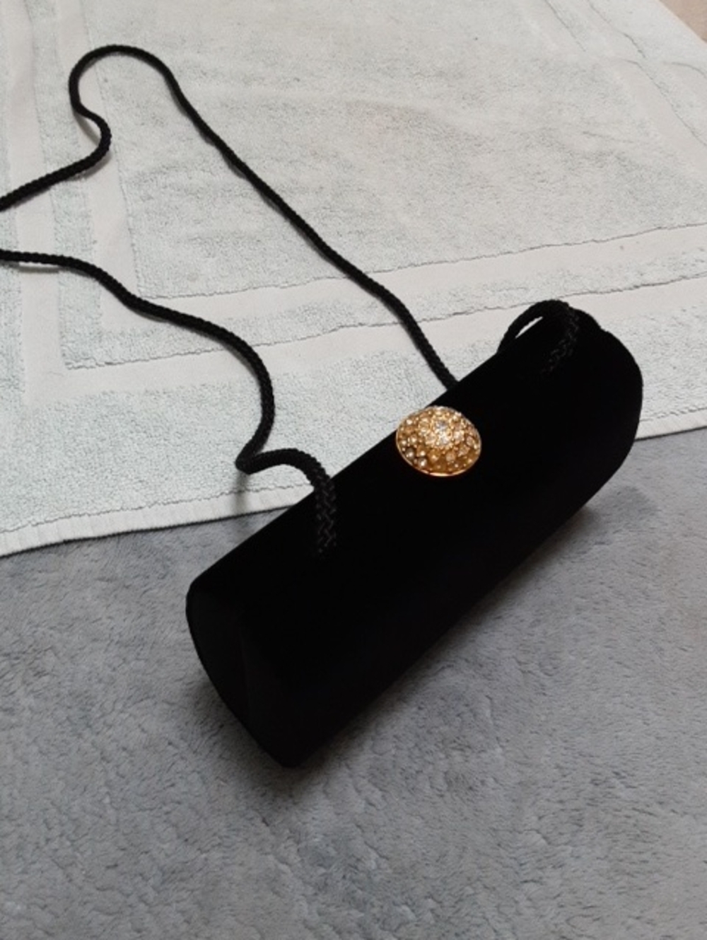 Black Velvet Cylinder Clutch with Gold Crystal Button